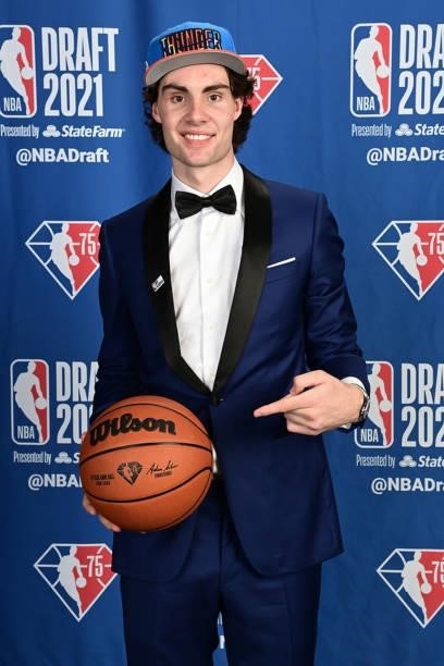 Josh Giddy poses for a portrait after being drafted by the Oklahoma City Thunder during the 2021 NBA Draft on July 29, 2021 at Barclays Center in...