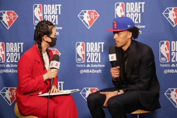 Cade Cunningham is interviewed after being drafted by the Detroit Pistons during the 2021 NBA Draft on July 29, 2021 at Barclays Center in Brooklyn,...