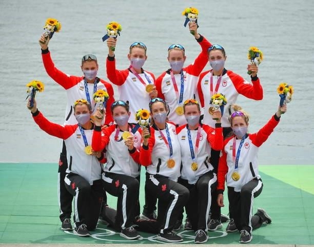 Tokyo , Japan - 30 July 2021; Canada Women's Eight celebrate after winning gold in the Women's Eight final at the Sea Forest Waterway during the 2020...