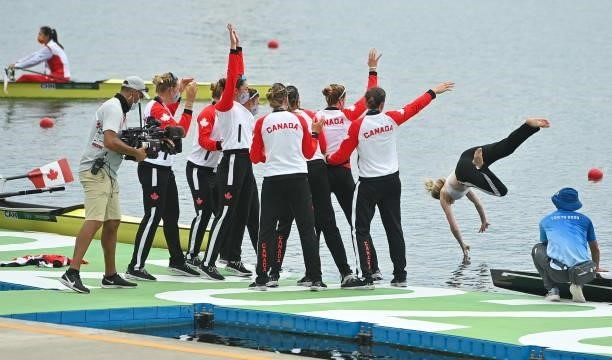 Tokyo , Japan - 30 July 2021; Canada Women's Eight throw coxwain Kristen Kit into the water after winning gold in the Women's Eight final at the Sea...