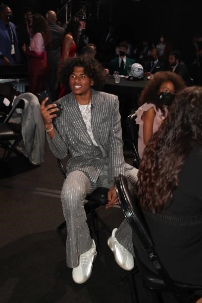 Jalen Green looks on during the 2021 NBA Draft on July 29, 2021 at the Barclays Center, New York. NOTE TO USER: User expressly acknowledges and...