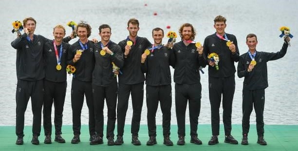 Tokyo , Japan - 30 July 2021; New Zealand Men's Eight celebrate with their gold medals after victory in the Men's Eight final at the Sea Forest...