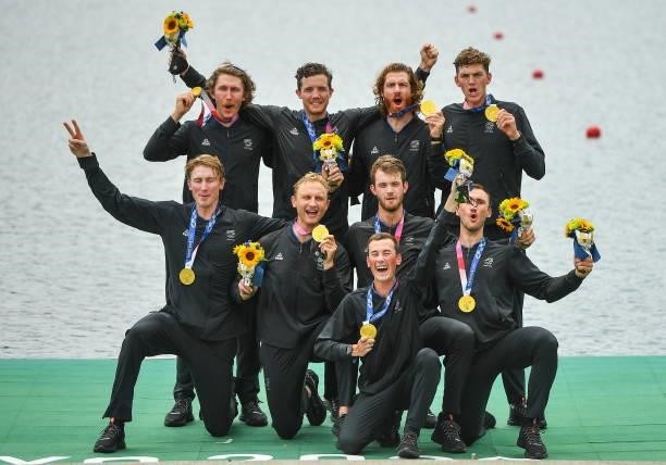 Tokyo , Japan - 30 July 2021; New Zealand Men's Eight celebrates with their gold medals after vicotry in the Men's Eight final at the Sea Forest...