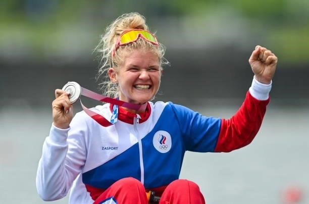 Tokyo , Japan - 30 July 2021; Hanna Prakatsen of Russian Olympic Committee celebrates with her silver medal after finishing second in the Women's...