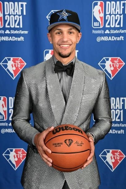 Jalen Suggs poses for a portrait after being drafted by the Orlando Magic during the 2021 NBA Draft on July 29, 2021 at Barclays Center in Brooklyn,...