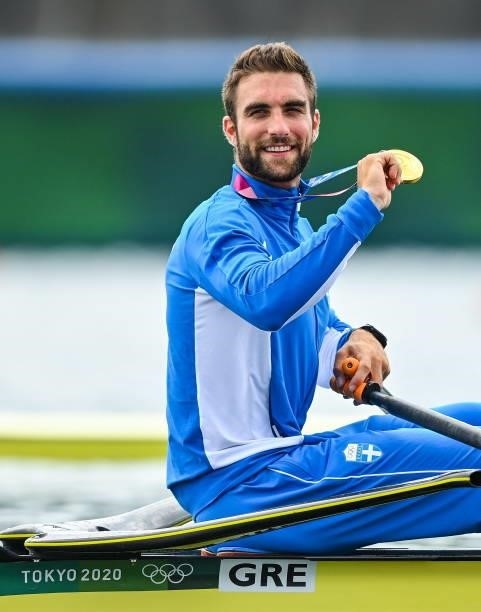 Tokyo , Japan - 30 July 2021; Stefanos Ntouskos of Greece celebrates with his gold medal after winning the Men's Single Sculls Final A at the Sea...