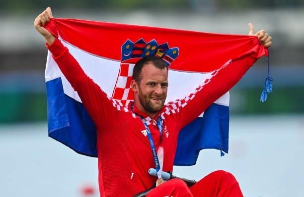 Tokyo , Japan - 30 July 2021; Damir Martin of Croatia celebrates with his bronze medal after finishing third in the Men's Single Sculls Final A at...