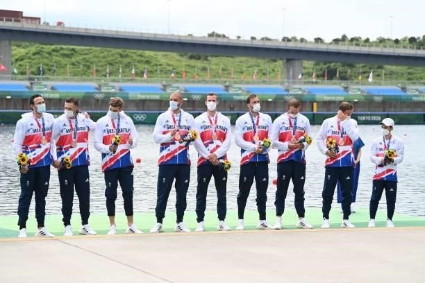 Bronze medalists Britain's Joshua Bugajski, Jacob Dawson, Tom George, Mohamed Sbihi, Charles Elwes, Oliver Wynne-Griffith, James Rudkin, Tom Ford and...