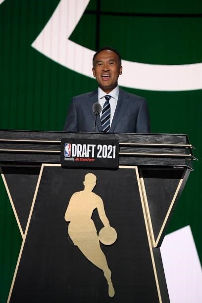 Deputy Commissioner Mark Tatum announces the 33rd pick during the 2021 NBA Draft on July 29, 2021 at Barclays Center in Brooklyn, New York. NOTE TO...