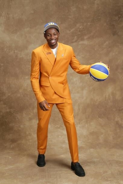 Jonathan Kuminga poses for a portrait after being drafted by the Golden State Warriors during the 2021 NBA Draft on July 29, 2021 at Barclays Center...