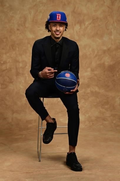 Cade Cunningham poses for a portrait after being drafted by the Detroit Pistons during the 2021 NBA Draft on July 29, 2021 at Barclays Center in...