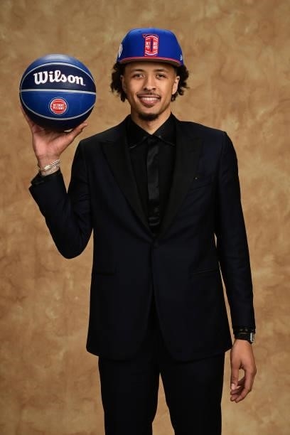 Cade Cunningham poses for a portrait after being drafted by the Detroit Pistons during the 2021 NBA Draft on July 29, 2021 at Barclays Center in...
