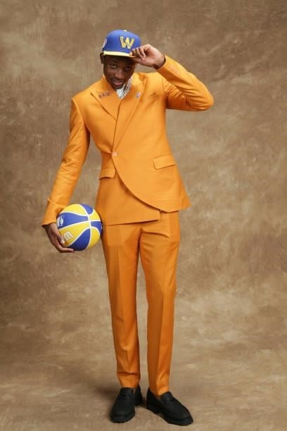 Jonathan Kuminga poses for a portrait after being drafted by the Golden State Warriors during the 2021 NBA Draft on July 29, 2021 at Barclays Center...