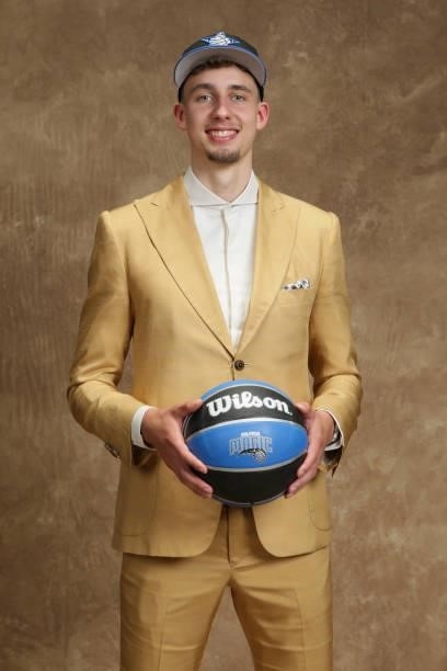 Franz Wagner poses for a portrait after being drafted by the Orlando Magic during the 2021 NBA Draft on July 29, 2021 at Barclays Center in Brooklyn,...