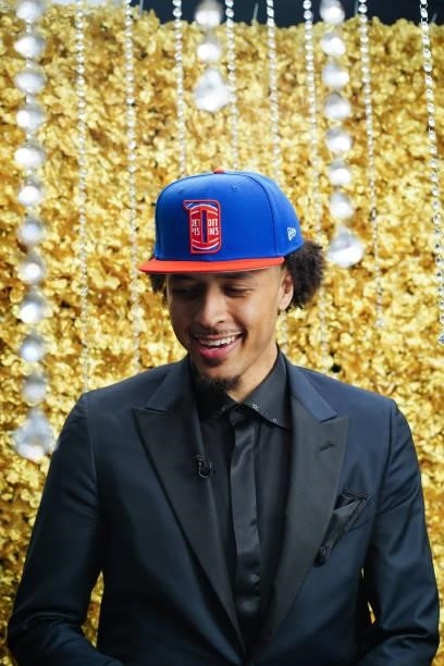 Cade Cunningham poses for a photo after being drafted first overall by the Detroit Pistons during the 2021 NBA Draft on July 29, 2021 at Barclays...