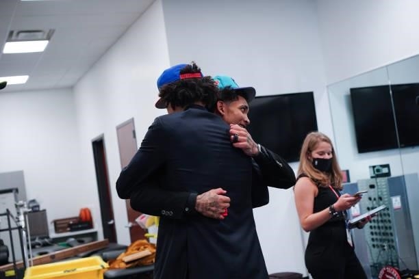 Cade Cunningham hugs James Bouknight during the 2021 NBA Draft on July 29, 2021 at Barclays Center in Brooklyn, New York. NOTE TO USER: User...