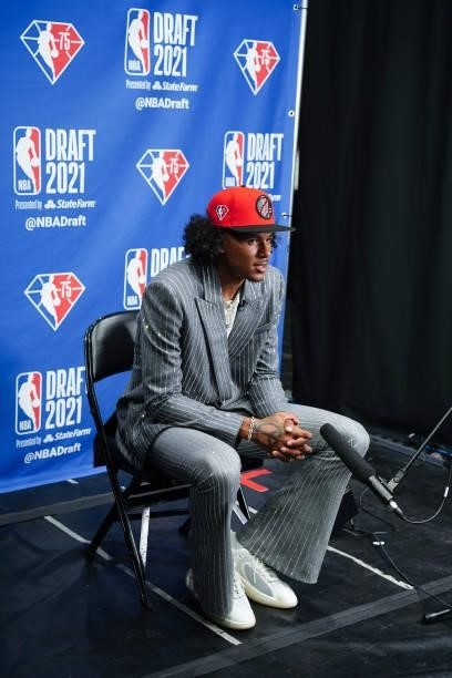 Jalen Green talks to the media after being drafted second overall by the Houston Rockets during the 2021 NBA Draft on July 29, 2021 at Barclays...
