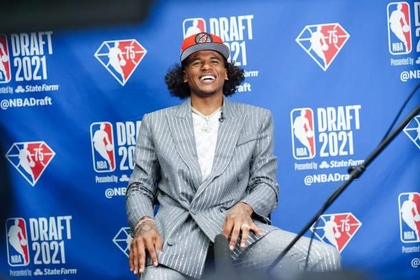 Jalen Green talks to the media after being drafted second overall by the Houston Rockets during the 2021 NBA Draft on July 29, 2021 at Barclays...