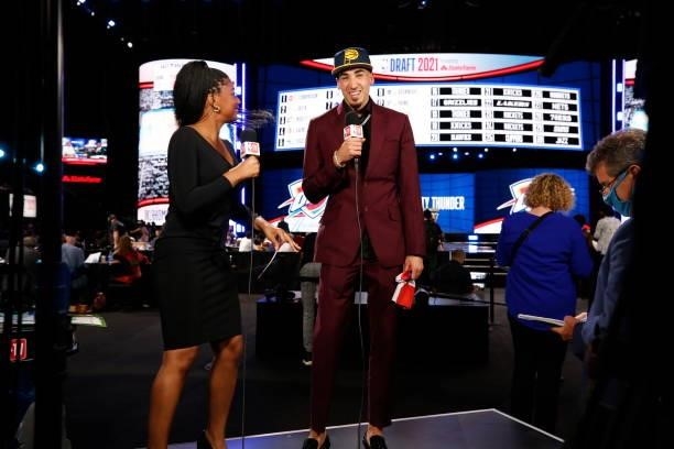 Reporter, Taylor Rooks talks to Chris Duarte during the 2021 NBA Draft on July 29, 2021 at Barclays Center in Brooklyn, New York. NOTE TO USER: User...