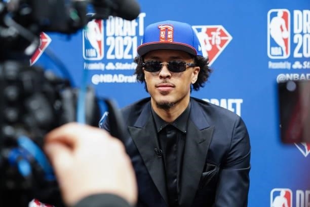 Cade Cunningham talks to the media after being drafted first overall by the Detroit Pistons during the 2021 NBA Draft on July 29, 2021 at Barclays...