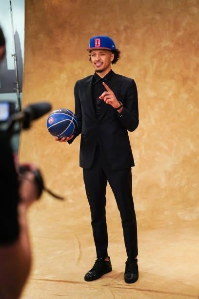 Cade Cunningham poses for a photo after being drafted first overall by the Detroit Pistons during the 2021 NBA Draft on July 29, 2021 at Barclays...