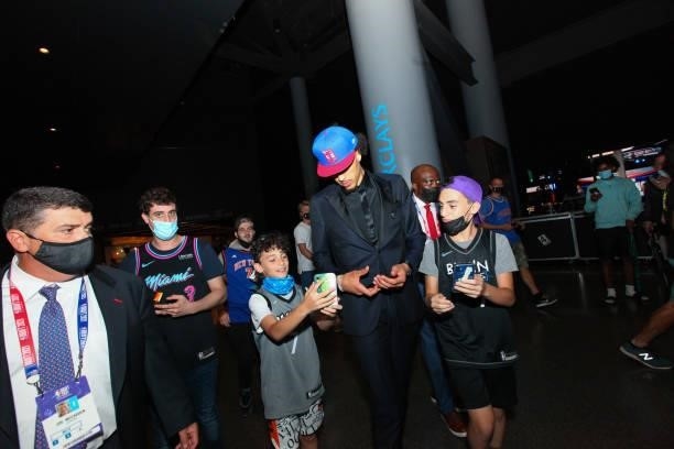 Cade Cunningham talks to fans after being drafted first overall by the Detroit Pistons during the 2021 NBA Draft on July 29, 2021 at Barclays Center...