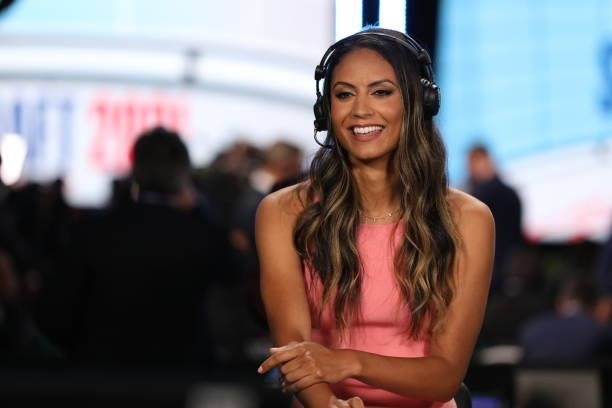 Reporter, Alexis Morgan talks during the 2021 NBA Draft on July 29, 2021 at Barclays Center in Brooklyn, New York. NOTE TO USER: User expressly...