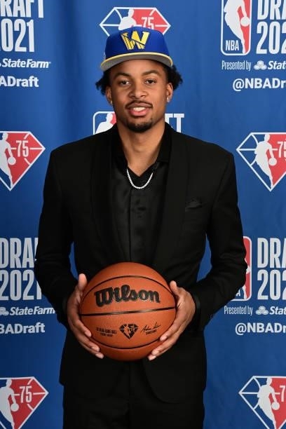 Moses Moody poses for a portrait after being drafted by the Golden State during the 2021 NBA Draft on July 29, 2021 at Barclays Center in Brooklyn,...