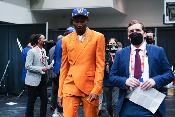 Jonathan Kuminga looks on during the 2021 NBA Draft on July 29, 2021 at Barclays Center in Brooklyn, New York. NOTE TO USER: User expressly...