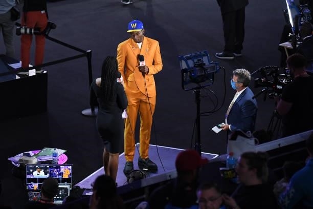 Jonathan Kuminga is interviewed after being selected seventh by the Golden State Warriors at the 2021 NBA Draft on July 29, 2021 at Barclays Center...