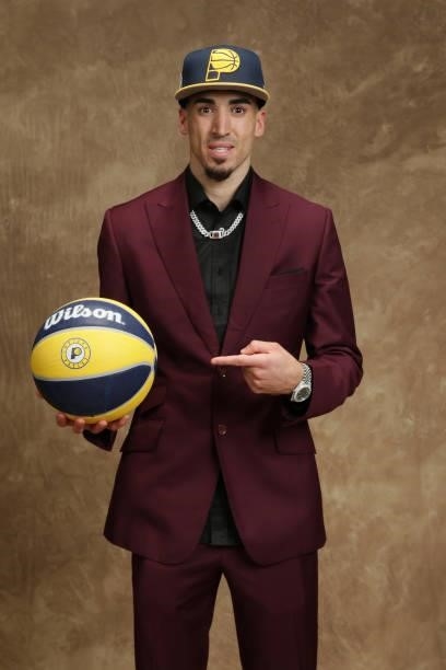 Chris Duarte poses for a portrait after being drafted by the Indiana Pacers during the 2021 NBA Draft on July 29, 2021 at Barclays Center in...