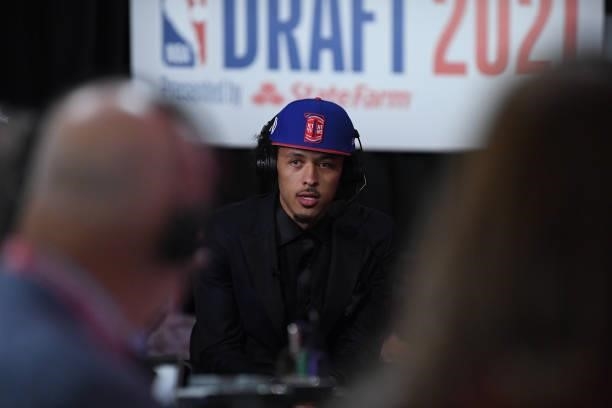 Cade Cunningham is interviewed after being selected first by the Detroit Pistons at the 2021 NBA Draft on July 29, 2021 at Barclays Center in...