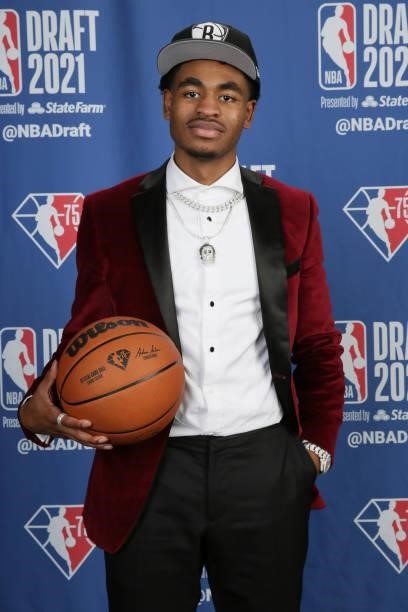 Cameron Thomas poses for a portrait after being drafted by the Brooklyn Nets during the 2021 NBA Draft on July 29, 2021 at Barclays Center in...