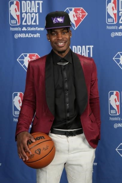 Davion Mitchell poses for a portrait after being drafted by the Sacramento Kings during the 2021 NBA Draft on July 29, 2021 at Barclays Center in...