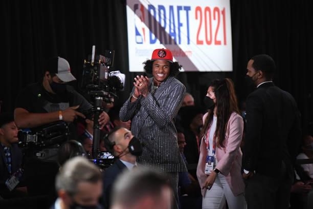 Jalen Green smiles after being selected second by the Houston Rockets at the 2021 NBA Draft on July 29, 2021 at Barclays Center in Brooklyn, New...