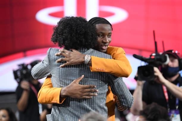 Jalen Green hugs Jonathan Kuminga at the 2021 NBA Draft on July 29, 2021 at Barclays Center in Brooklyn, New York. NOTE TO USER: User expressly...
