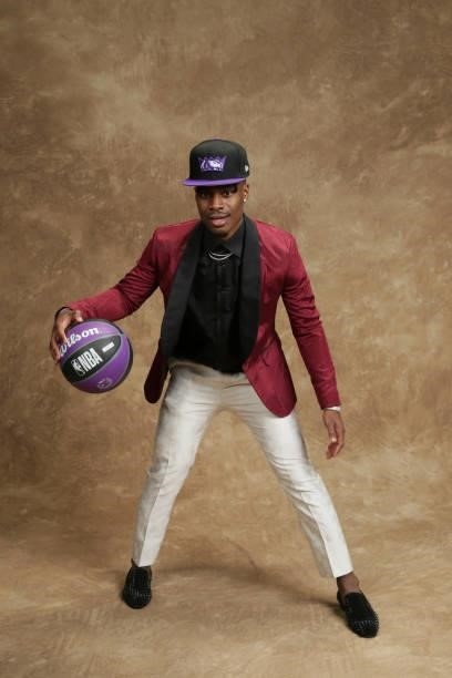 Davion Mitchell poses for a portrait after being drafted by the Sacramento Kings during the 2021 NBA Draft on July 29, 2021 at Barclays Center in...