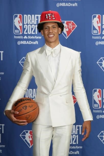 Jalen Johnson poses for a portrait after being drafted by the Atlanta Hawks during the 2021 NBA Draft on July 29, 2021 at Barclays Center in...