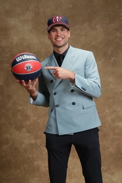 Corey Kispert poses for a portrait after being drafted by the Washington Wizards during the 2021 NBA Draft on July 29, 2021 at Barclays Center in...