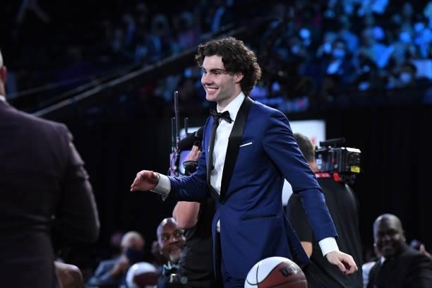 Josh Giddey smiles after being selected sixth by the Oklahoma City Thunder at the 2021 NBA Draft on July 29, 2021 at Barclays Center in Brooklyn, New...