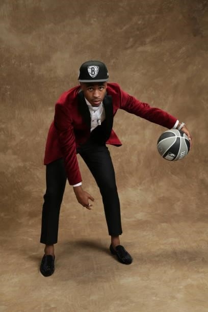 Cameron Thomas poses for a portrait after being drafted by the Brooklyn Nets during the 2021 NBA Draft on July 29, 2021 at Barclays Center in...