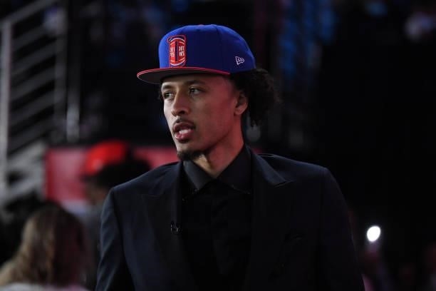 Cade Cunningham looks on after being selected first by the Detroit Pistons at the 2021 NBA Draft on July 29, 2021 at Barclays Center in Brooklyn, New...