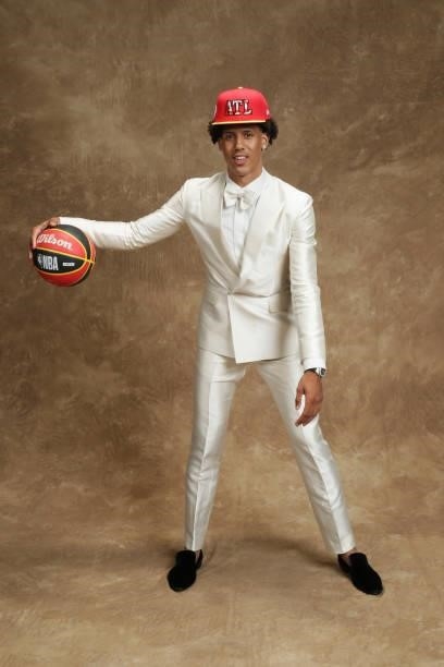 Jalen Johnson poses for a portrait after being drafted by the Atlanta Hawks during the 2021 NBA Draft on July 29, 2021 at Barclays Center in...