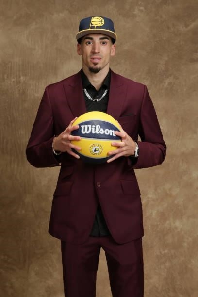 Chris Duarte poses for a portrait after being drafted by the Indiana Pacers during the 2021 NBA Draft on July 29, 2021 at Barclays Center in...