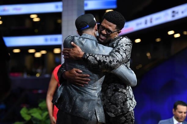 Jalen Suggs hugs ESPN Analyst Jalen Rose after being selected fifth by the Orlando Magic at the 2021 NBA Draft on July 29, 2021 at Barclays Center in...