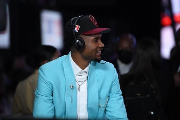Evan Mobley is interviewed after being selected third by the Cleveland Cavaliers at the 2021 NBA Draft on July 29, 2021 at Barclays Center in...