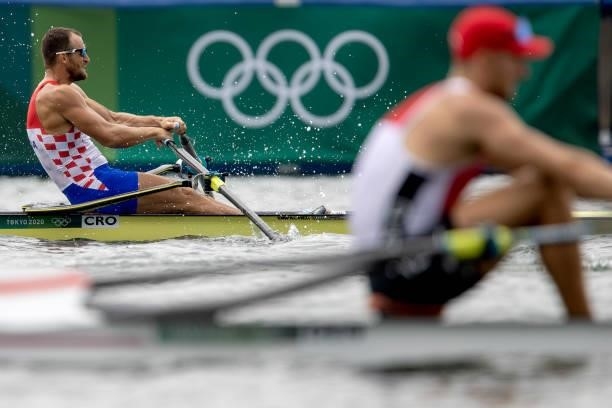 Damir Martin of Team Croatia compete in the men's single sculls final on day seven of the Tokyo 2020 Olympic Games at Sea Forest Waterway on July 30,...