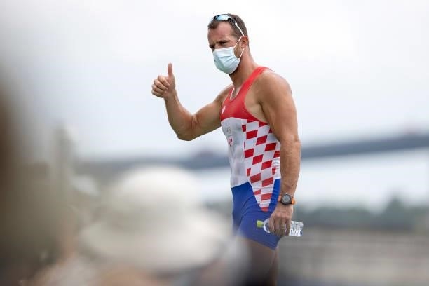 Bronze medalist Damir Martin of Team Croatia is pictured during the medal ceremony for the Men's Single Sculls Final A on day seven of the Tokyo 2020...