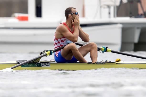 Damir Martin of Team Croatia celebrate after winning bronze medal in the men's single sculls on day seven of the Tokyo 2020 Olympic Games at Sea...