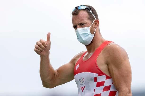 Bronze medalist Damir Martin of Team Croatia is pictured during the medal ceremony for the Men's Single Sculls Final A on day seven of the Tokyo 2020...